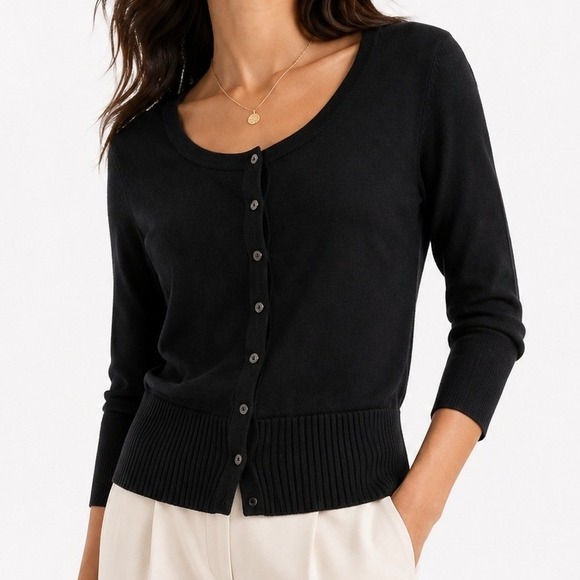 White House Black Market Sweaters - White House Black Market Womens Black Snap Front 3/4 Sleeve Cardigan Sweater S